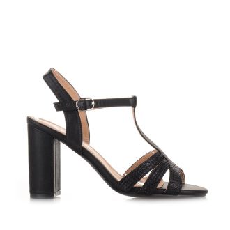 Μαύρα σατέν πέδιλα με strass BLACK 573070