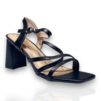 Γυναικεία μαύρα πέδιλα με χοντρό τακούνι BLACK 702409