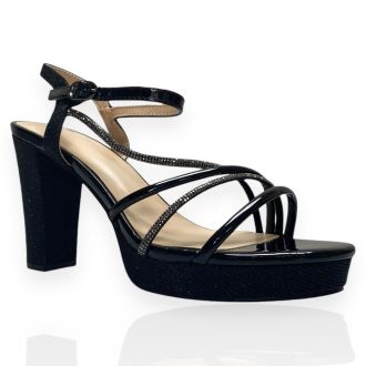 Γυναικεία μαύρα πέδιλα από λουστρίνι με χονδρό τακούνι και στρας  723142