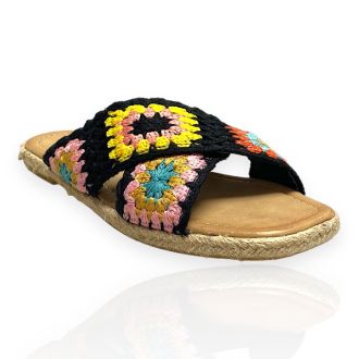 Γυναικεία σανδάλια μαύρα με ψάθινη σόλα και πλεκτό σχέδιο  723593
